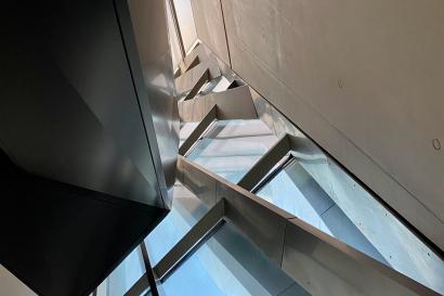 looking up through an artistic window in the Eli and Edythe Broad Art Museum in Michigan