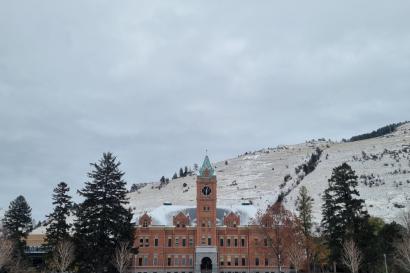 The University of Montana campus after a light snow