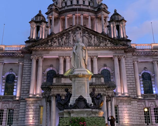 a building in Belfast with the city's name displayed in front