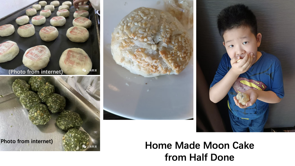 Chinese moon cakes as shared by Gorden Xie, featuring a picture of his son eating one.