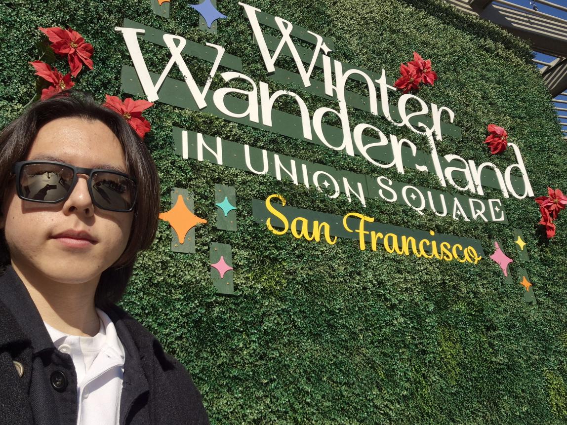 SAF Korea Kijung Park at sign for Winter Wanderland in Union Square, San Francisco