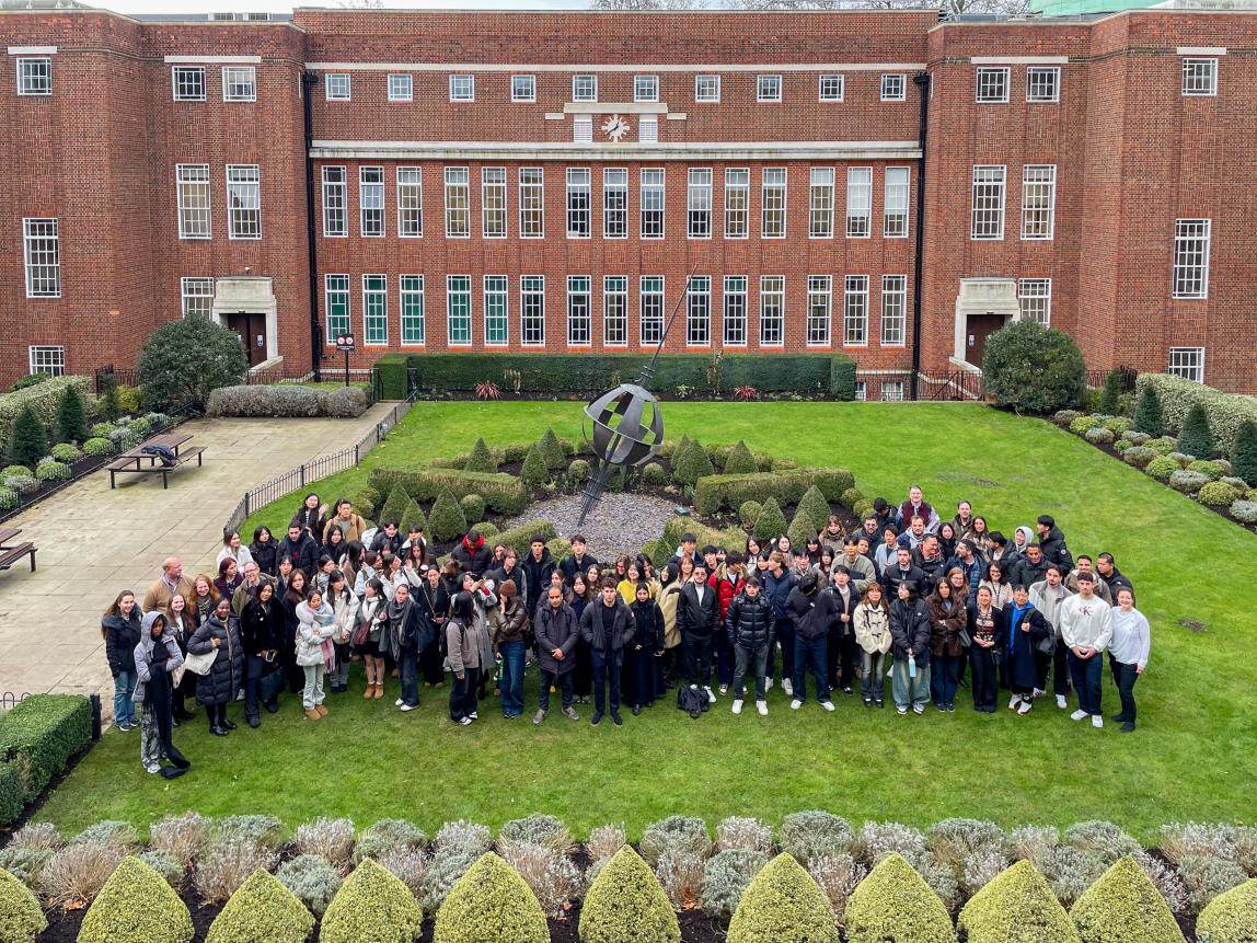 Aerial shot of students in Regent's University London courtyard. 
