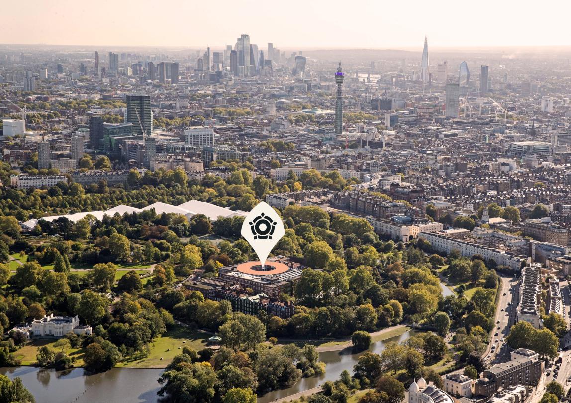 Regent's University London aerial shot, highlighting location in Royal Park of London, UK.