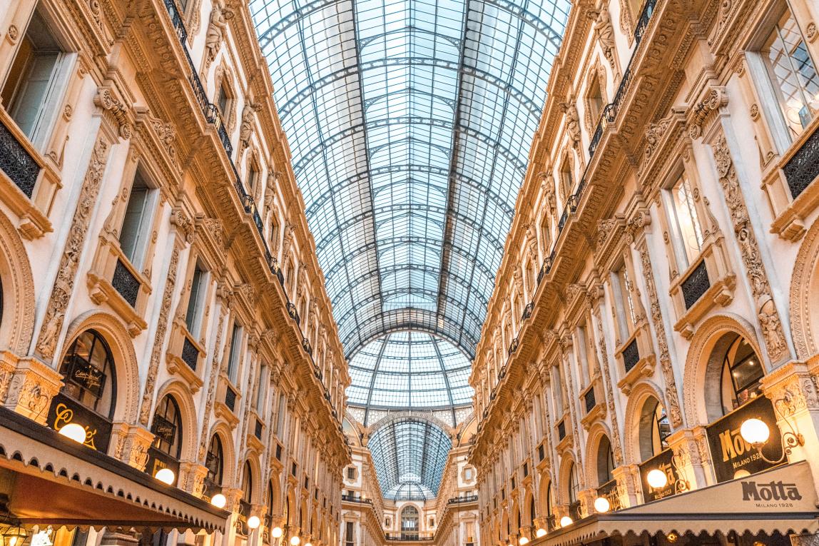 the ceiling of the stunning Galleria Vittorio Emanuele II shopping center in Milan