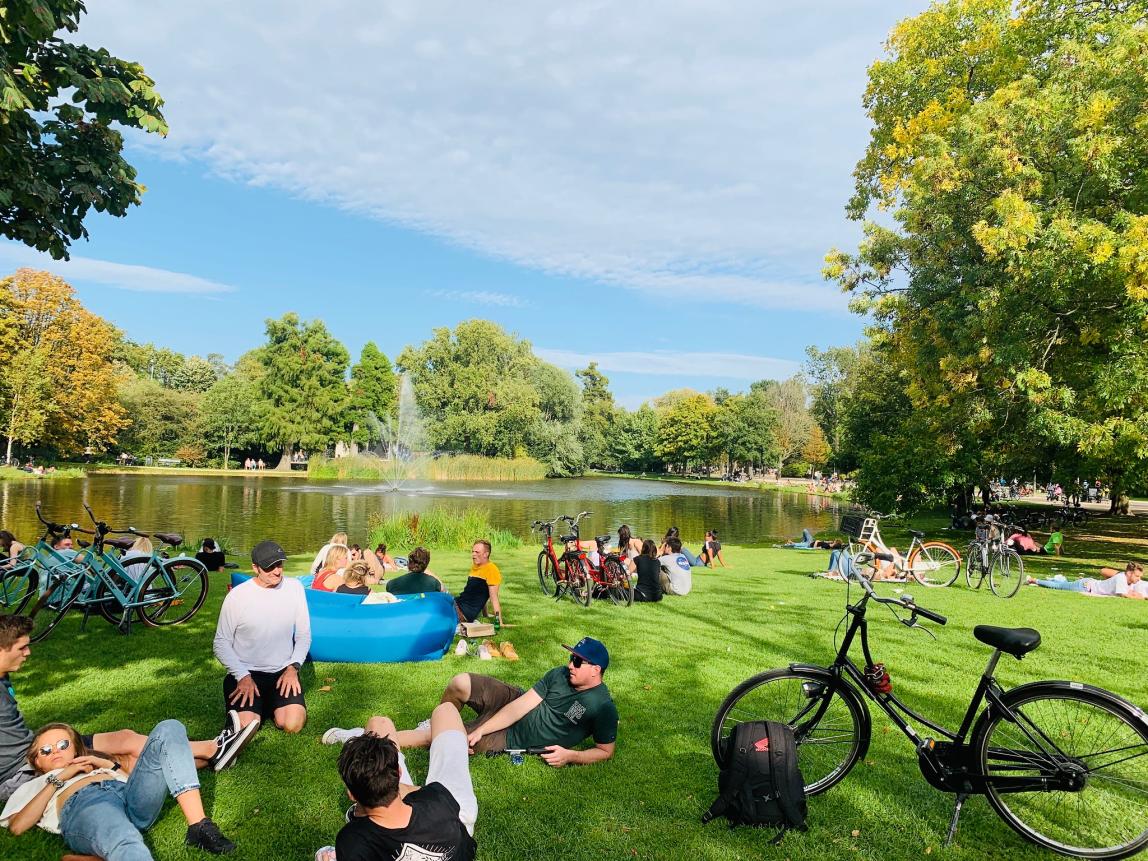 a park in Amsterdam with people and bikes resting on the lawn