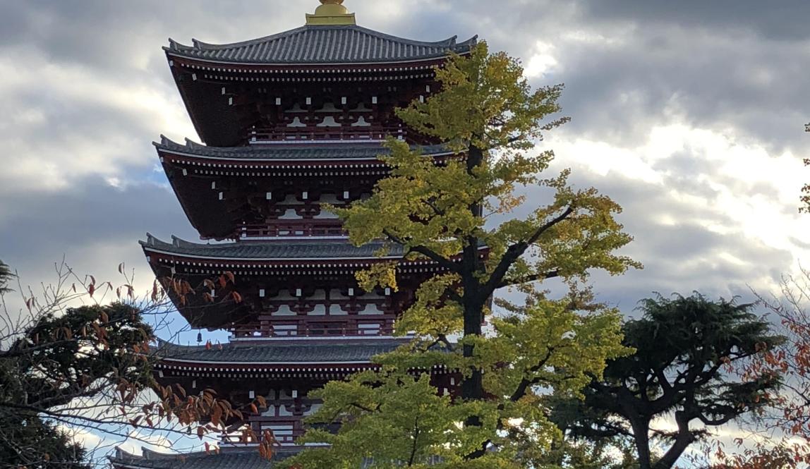 The Sensoji tower with trees and clouds framing it. The tower has a large golden spire at the top.