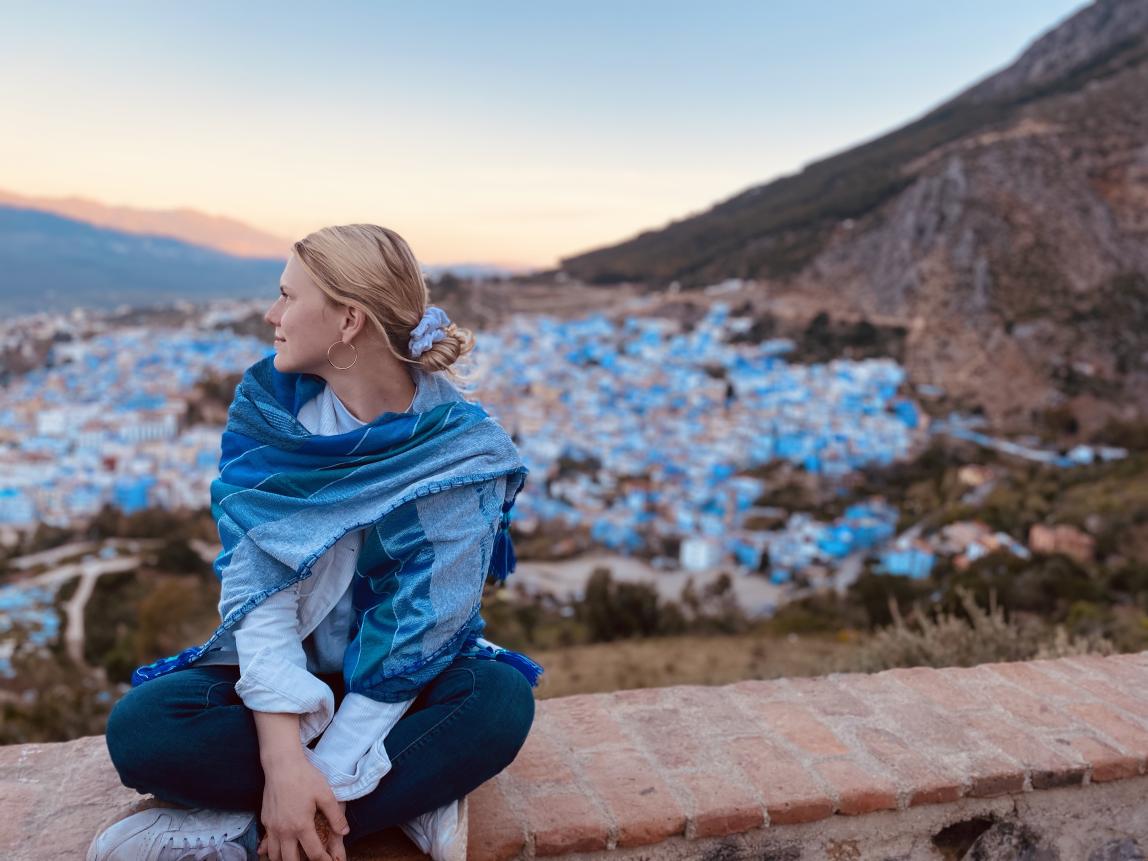 "Taking in the sunrise over the Blue Pearl of Morocco." By Taylor N. • University of Rochester, Spring 2020 Photo Contest Winner