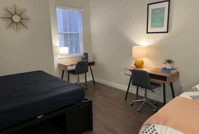 A typical bedroom at Ryder on Olive student housing at UC Davis