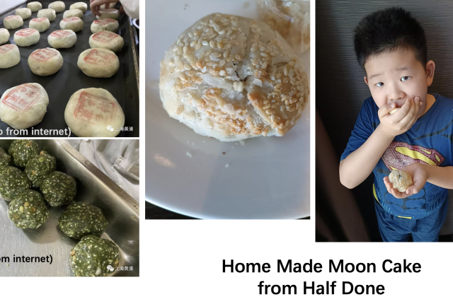 Chinese moon cakes as shared by Gorden Xie, featuring a picture of his son eating one.
