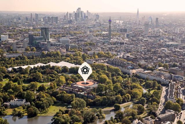 Regent's University London aerial shot, highlighting location in Royal Park of London, UK.