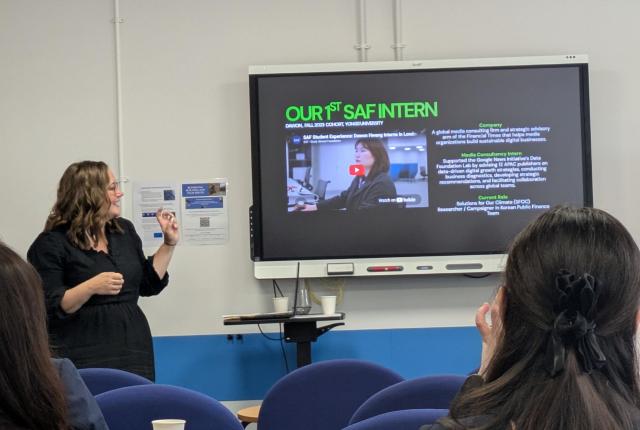Presentation at the IES Abroad London Center, slide showing "our first SAF Intern".