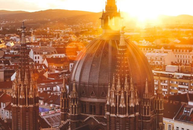 rooftops in Vienna at sunset