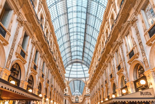 the ceiling of the stunning Galleria Vittorio Emanuele II shopping center in Milan