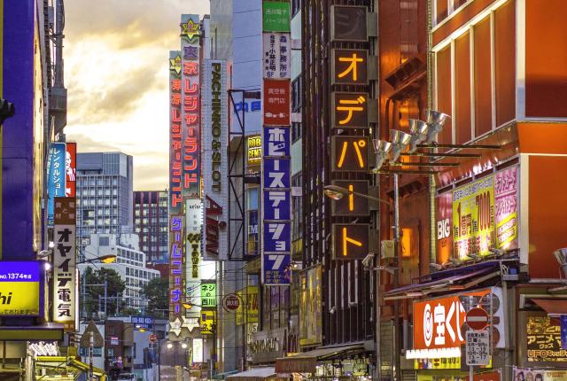 the neon lights and crowd-filled street in Akihabara, Tokyo