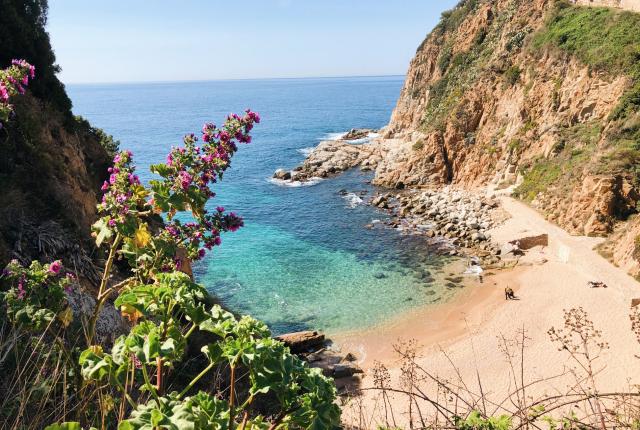 a secluded beach surrounded by natural cliffs and clear, blue waters