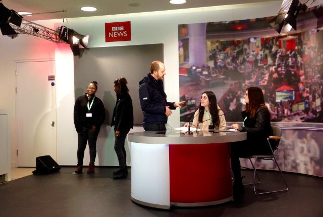 a student intern sitting in a BBC studio