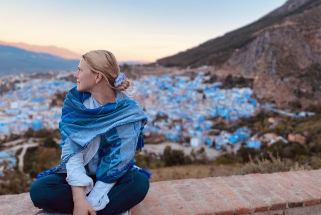 "Taking in the sunrise over the Blue Pearl of Morocco." By Taylor N. • University of Rochester, Spring 2020 Photo Contest Winner