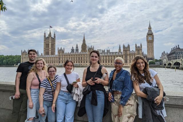 Students go on a walking tour in London, England.