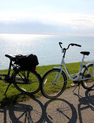 two bikes parked on the grass in front of the water