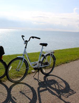 two bikes parked on the grass in front of the water