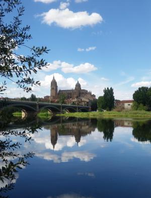 a stone bridge across the Tormes River to a building