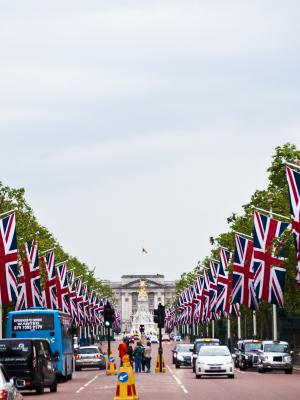 a British flag-lined street leading up to the Victoria Memorial