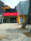 Outside of the SKEMA Student Center. There is a large staircase (left) and two large trees (right).