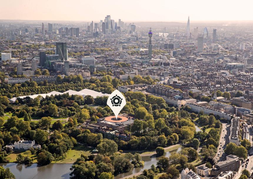 Regent's University London aerial shot, highlighting location in Royal Park of London, UK.
