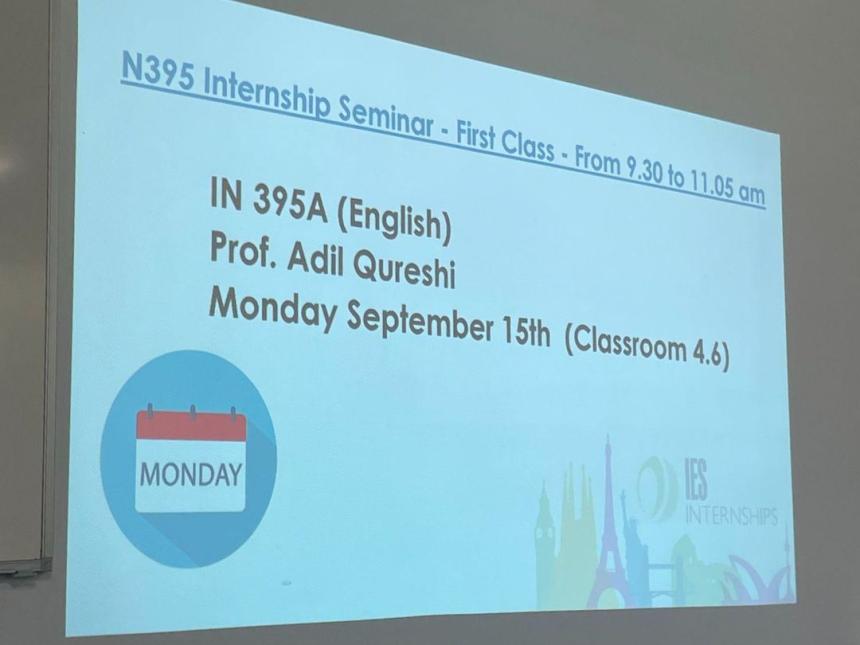 Presentation during an IES Abroad Internship orientation, screen providing details on Internship Seminar.