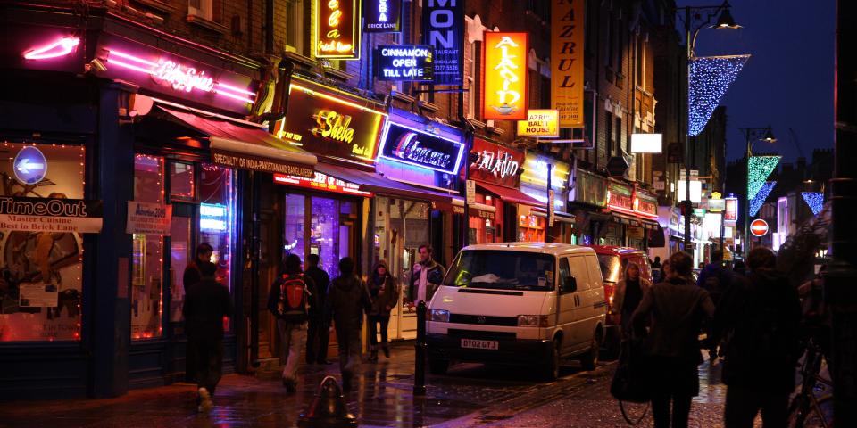 Night exterior shot of Brick Lane