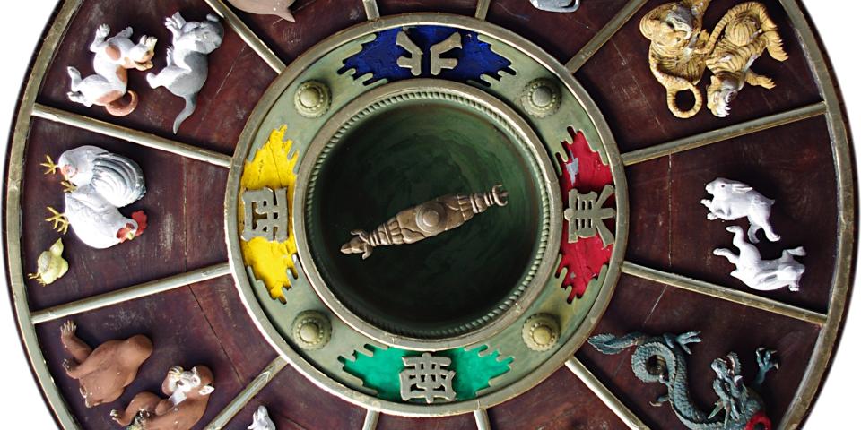 Carvings of the Chinese Zodiac on the ceiling of Kushida Shrine in Fukuoka