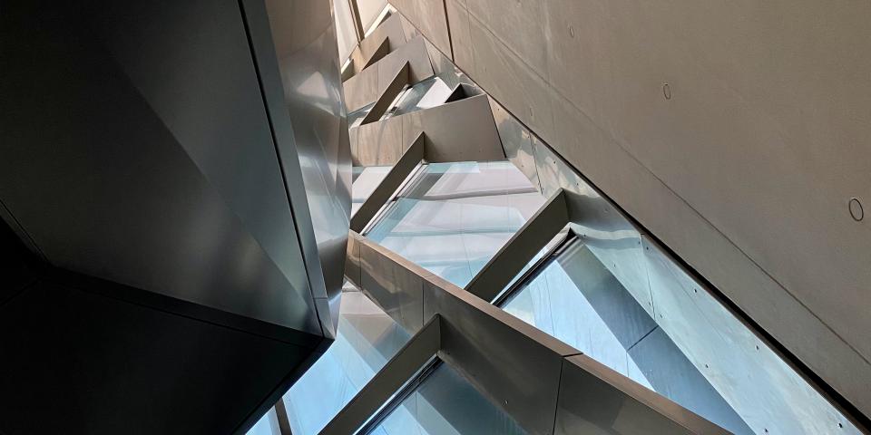 looking up through an artistic window in the Eli and Edythe Broad Art Museum in Michigan