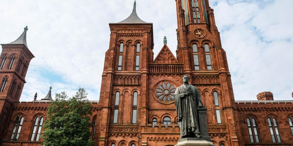 the red brick facade of the Smithsonian in Washington DC