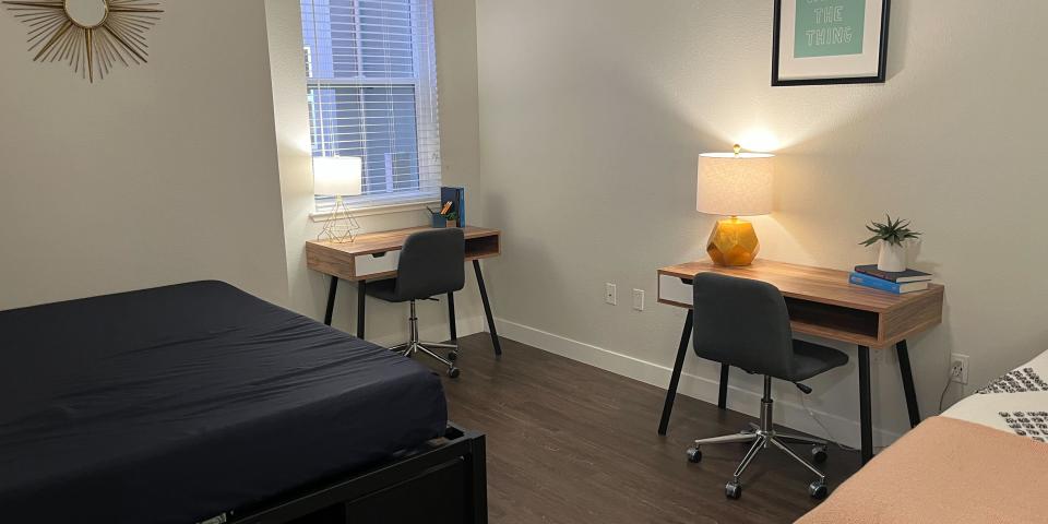 A typical bedroom at Ryder on Olive student housing at UC Davis