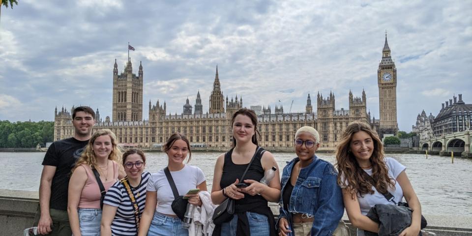 Students go on a walking tour in London, England.